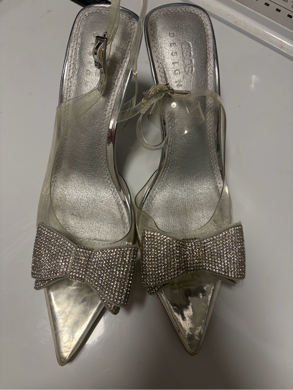 ASOS Silver Pointed Slingback Heels with Rhinestone Bow Accents